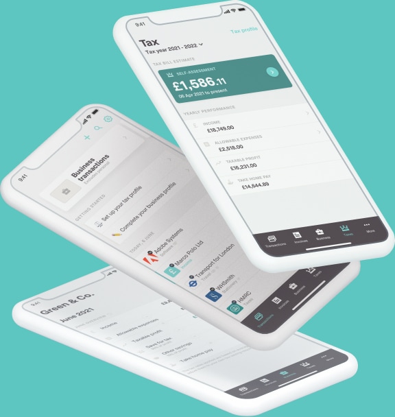 The Coconut app on different devices displaying tax, invoicing and expenses tools.