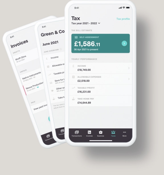 The Coconut app on different devices displaying tax, invoicing and expenses tools.