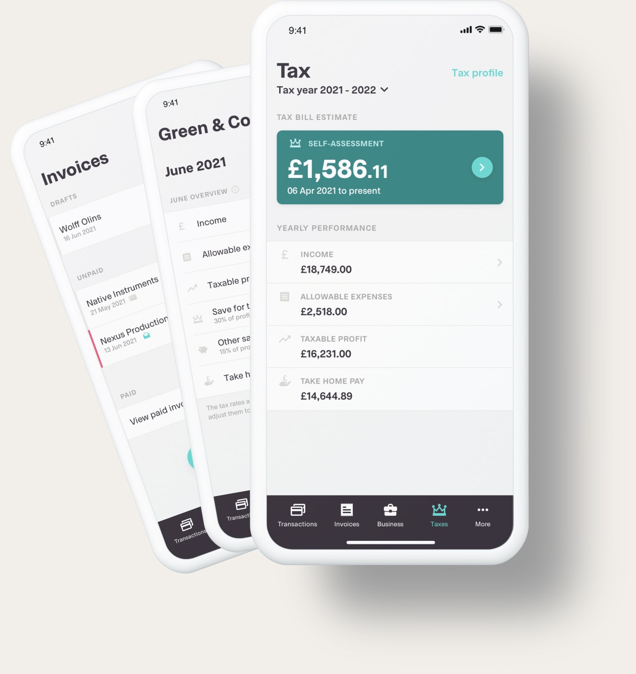 The Coconut app on different devices displaying tax, invoicing and expenses tools.