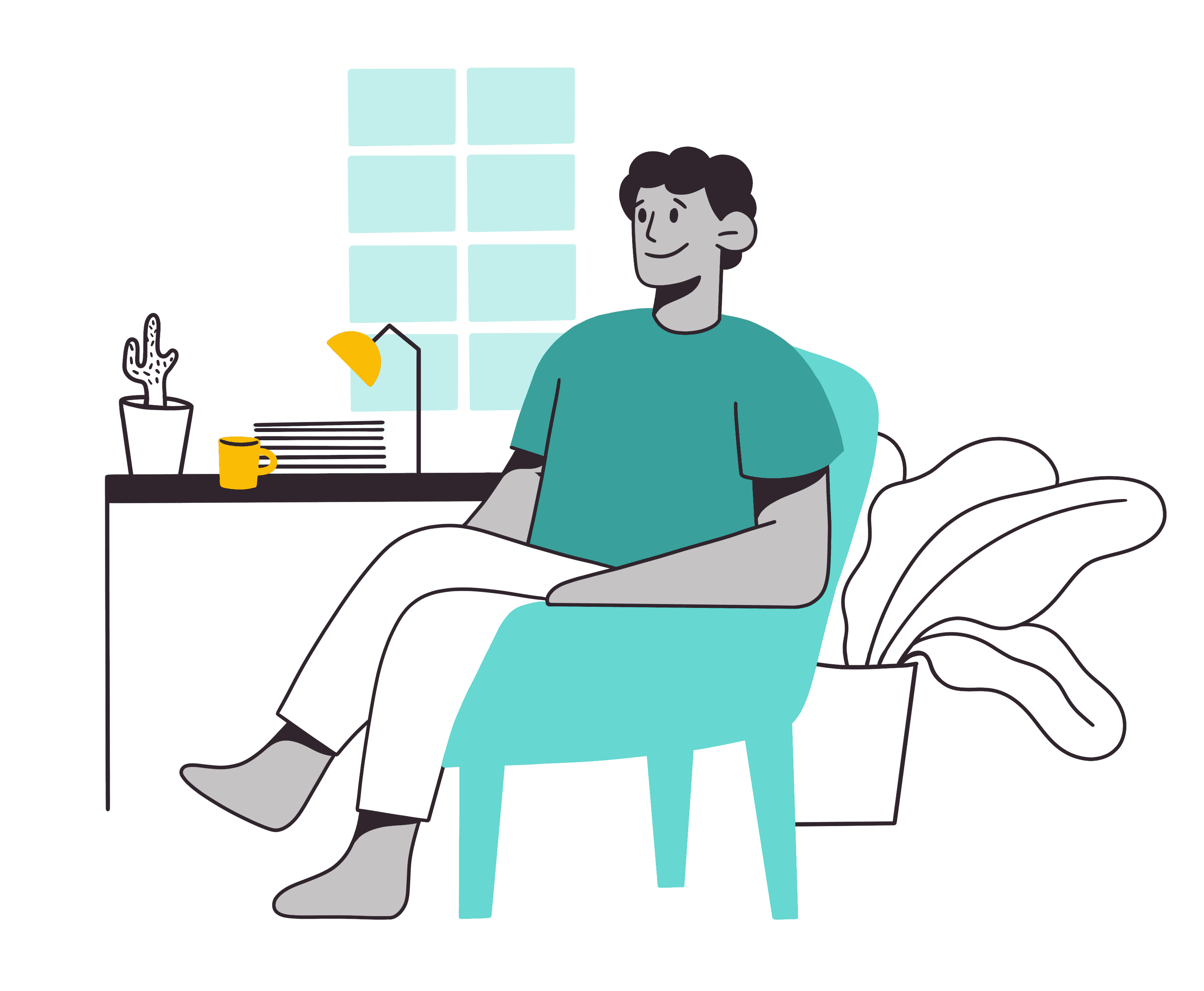 Illustration of a man sitting at a desk looking relaxed