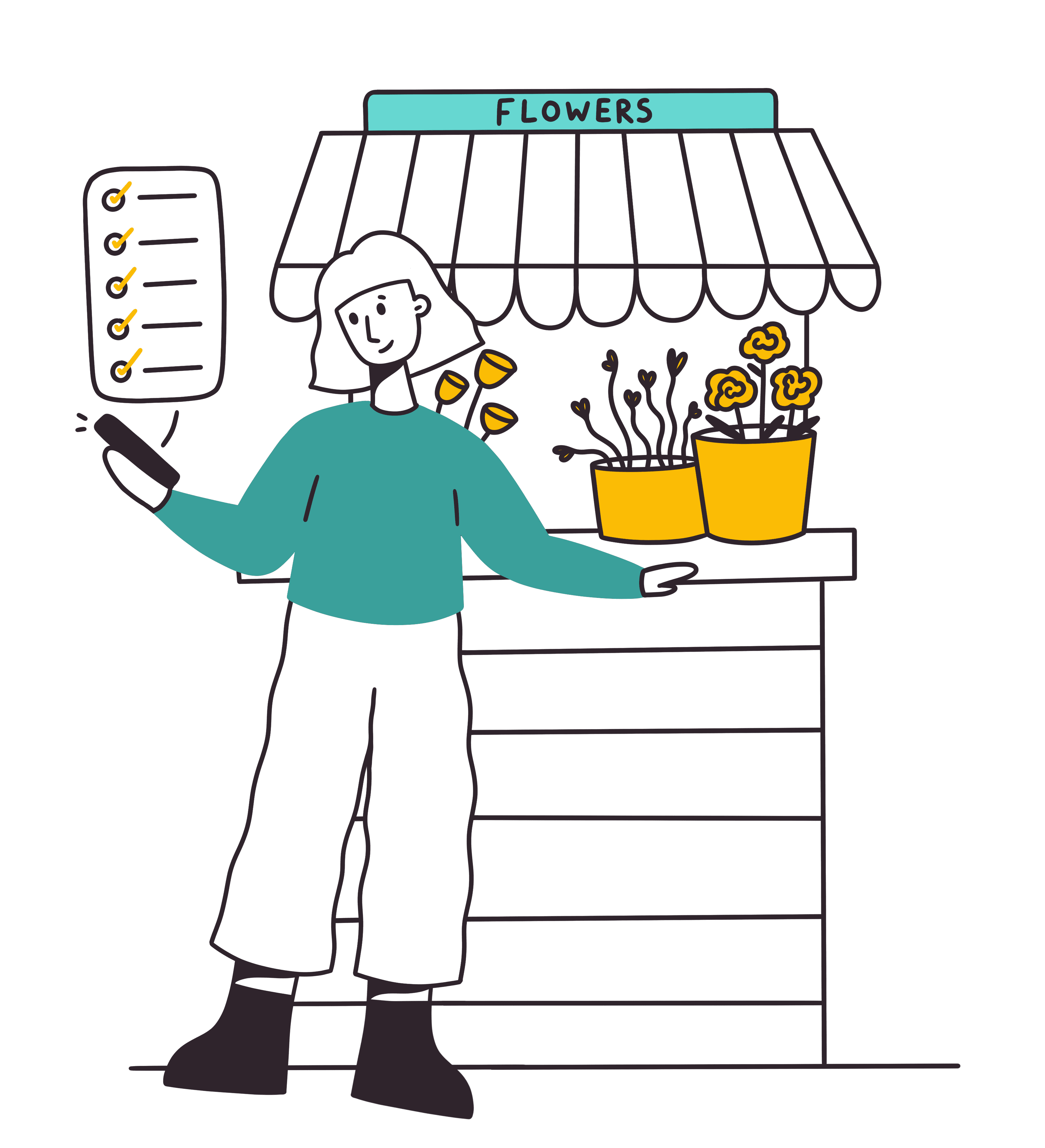 Illustration of a woman selling flowers at a market stall