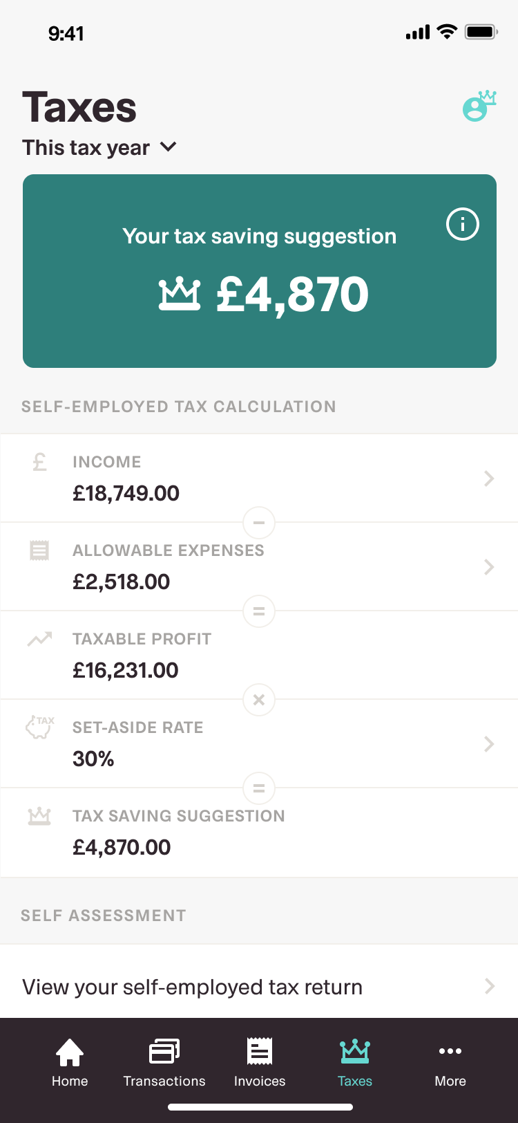 Tax screen in Coconut's Self Assessment and Tax Return Software 